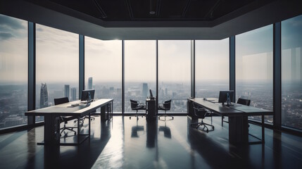 Fototapeta premium Productivity at Its Finest: A Sleek Office Space with Tidy Desks, High-End Technology, and a Breathtaking Cityscape View, Perfect for Boosting Efficiency and Inspiring Creativity. Generative AI
