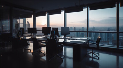 Fototapeta na wymiar Productivity at Its Finest: A Sleek Office Space with Tidy Desks, High-End Technology, and a Breathtaking Cityscape View, Perfect for Boosting Efficiency and Inspiring Creativity. Generative AI