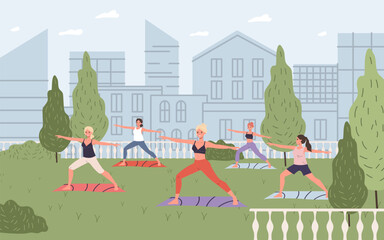 Happy women doing yoga or exercising in park vector illustration. Cartoon drawing of young girls doing yoga poses in nature, group doing exercises. Health, wellness, outdoor activity, fitness concept