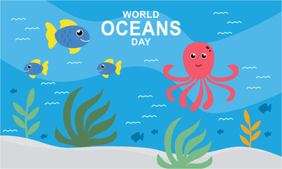 Plakat World ocean day cartoon illustration with underwater scenery dedicated 