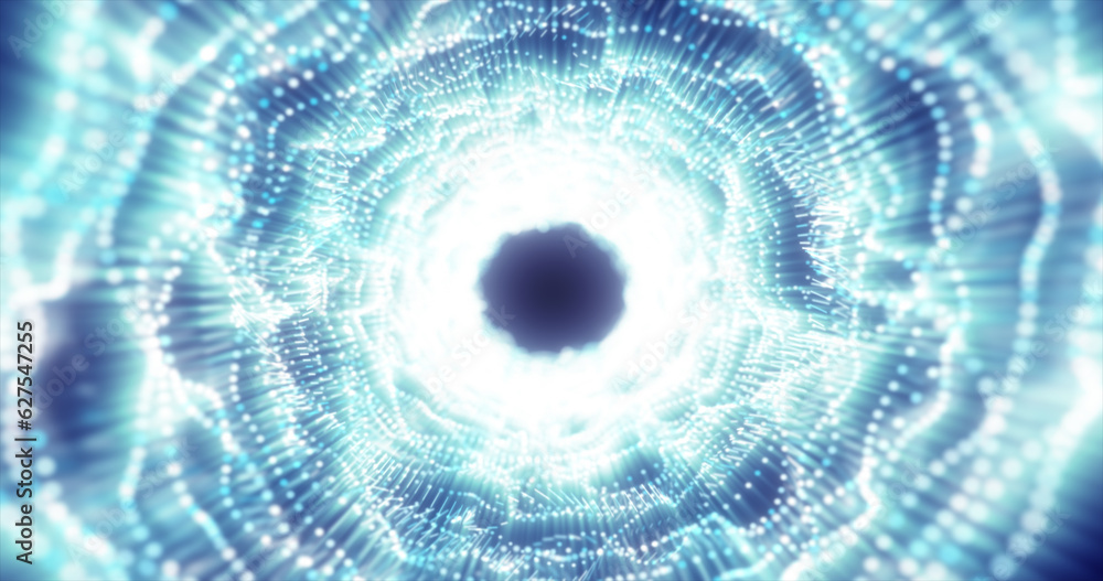 Poster abstract blue energy tunnel made of particles and a grid of high-tech lines with a glowing backgroun