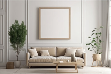 Relax in style in this cozy modern living room with a white couch and green potted plants, framed by a mockup frame on the wall. AI Generative.
