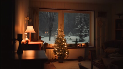 Fototapeta premium Winter Cozy Living Room: White Seats and Sofa with Round Light Brown Rugs, Glass Table, and Wooden Bookshelf Filled with Books, View of Snowy Landscapes Outside the Window. Generative AI