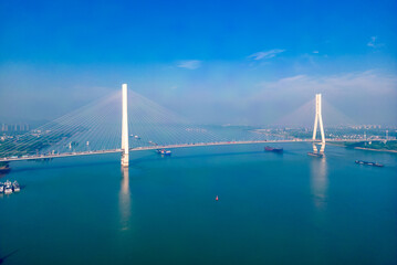 An aerial view of the Baguazhou Bridge over the Yangtze River in Nanjing, China