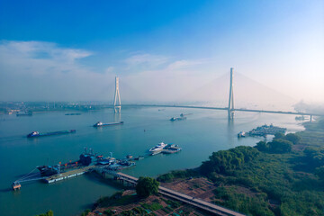 An aerial view of the Baguazhou Bridge over the Yangtze River in Nanjing, China