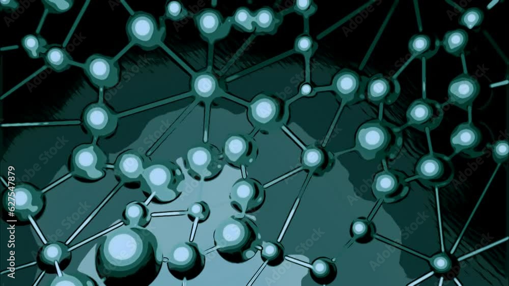Poster abstract plexus background with metal spheres and lines trembling. design. up and down moving balls 