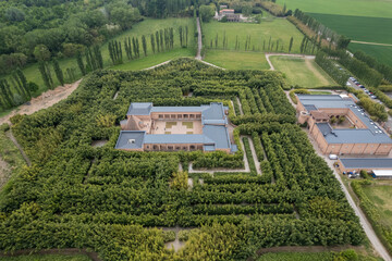 drone shot of Fontanellato Maze of Masone in Parma Province, Italy