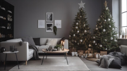 Fototapeta premium Trendy Christmas Elegance: Well-Decorated Tree in a Modern and Stylish Living Room, Adorned with Unique and Trendy Ornaments, Capturing the Spirit of the Holiday Season. Generative AI