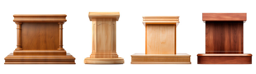 Set of various wooden podiums isolated on transparent background