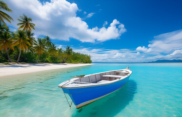 Boat in turquoise ocean water against blue sky with white clouds and tropical island. Natural landscape for summer vacation, panoramic view.

