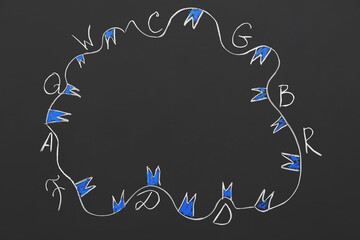 Frame made of garland and different letters on black chalkboard