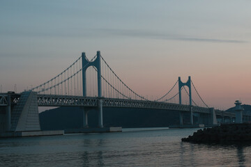Gwangan Bridge Piers in Busan with Sunset