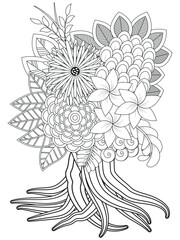 Flowers bouquet coloring book page. Isolated on white background. Doodle drawing anti-stress coloring books page for adults or children. Flat Vector Illustration