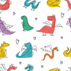 Vector pattern with funny dragons drawn by hand in doodle style