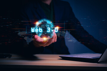 Businessman holding and touching using hologram the Web3.0, Cloud Computer technology, Innovation business computer network concept connected internet server for the future Network of Data.