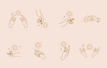 Collection of line design with sun,hand.Editable vector illustration for website, sticker, tattoo,icon