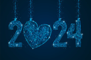 Abstract isolated blue image of new year number 2024. Polygonal low poly wireframe illustration looks like stars in the blask night sky in spase or flying glass shards. Digital web, internet design.