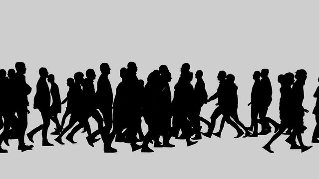 Black silhouettes of people walking towards each other on a white background.