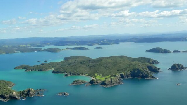 Aerial shot during helicopter flight above the Bay of Islands in New Zealand