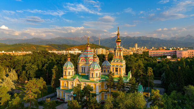 Quadcopter view of the Orthodox wooden Ascension Cathedral built in 1907 in the Kazakh city of Almaty on a summer evening