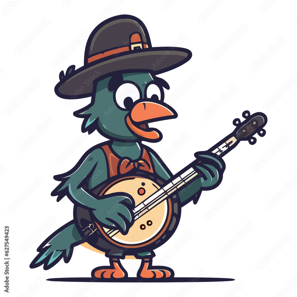 Poster cute bird guitarist playing acoustic guitar