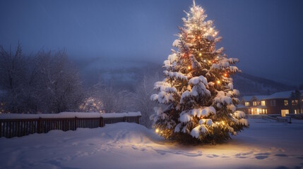 Winter Wonderland: Snow-Covered Landscape and a Majestic Christmas Tree Adorned with Lights and Ornaments, Creating a Magical Outdoor Scene. Generative AI
