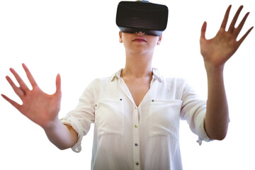 Digital png photo of caucasian woman using vr headset on transparent background
