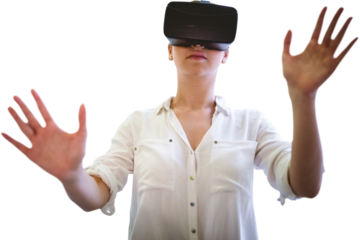 Digital png photo of caucasian woman using vr headset on transparent background