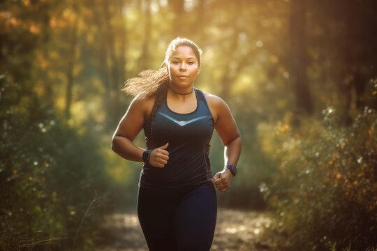 A young happy overweight woman is wearing a sports clothing while jogging in the park.