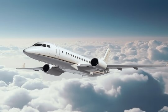 A beautiful plane is flying in the air above the clouds. Generative AI