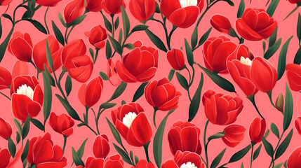 Red Tulip Flower Pattern with Vibrant Colors, Perfect for Invitations, Fabrics, and Floral-Themed Decorations. Generative AI