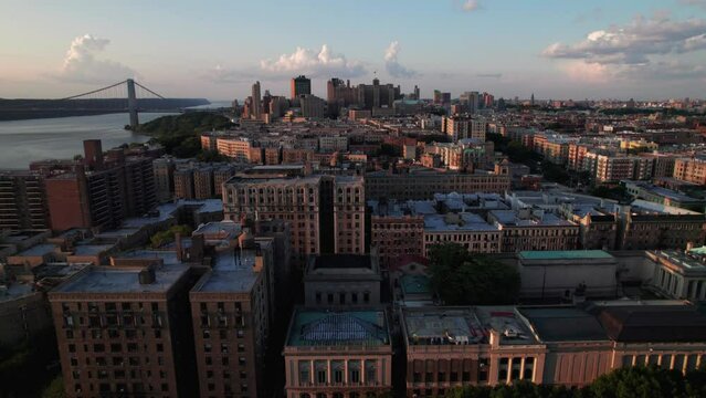 Classic apartment buildings in New York City, smooth summer aerial clip, 4K
