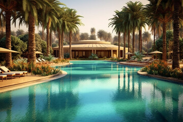 Fototapeta na wymiar Swimming pool with gazebo in luxury hotel resort.