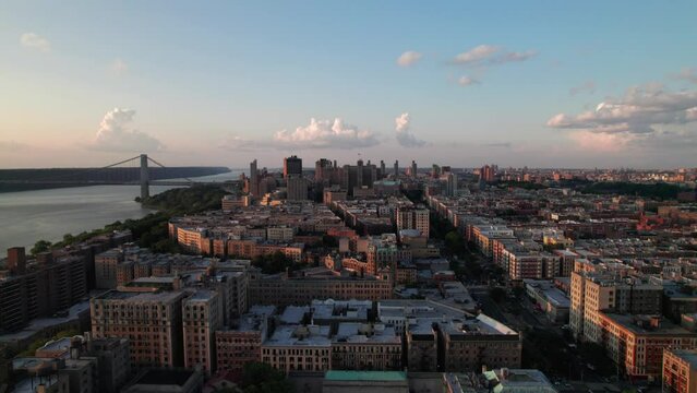 Evening aerial of Washington Heights neighborhood of NYC, 4K