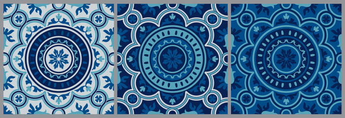 Mediterranean tile abstract geometric floral patterns. Portuguese culture, in blue and white. Spanish majolica tile pattern. Vector illustration.