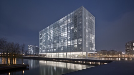Fototapeta premium Night View of Modern Hotel with Glass Box Extrusion, Metal Curtain Wall, Riverside Location. A Showcase of Architectural Excellence by David Chipperfield. Generative AI