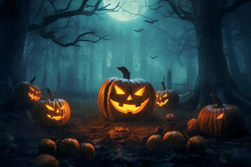 Halloween background with Jack o Lantern pumpkins in the spooky forest at night with copy space.