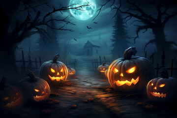 Halloween background with Jack o Lantern pumpkins in the spooky forest at night with copy space.