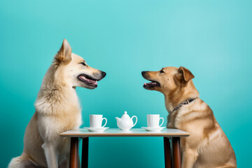 Two happy dogs having tea