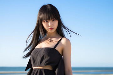 Fototapeta na wymiar Black-haired Asian woman exudes elegance in a stylish black dress, blending Japanese, Korean, and Chinese styles, posing gracefully by the sea in a vintage film photo theme. Generative AI.