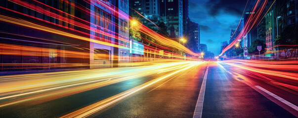 Fototapeta na wymiar Long exposure of car lights at night on city streets. Panoramic view. Generative AI