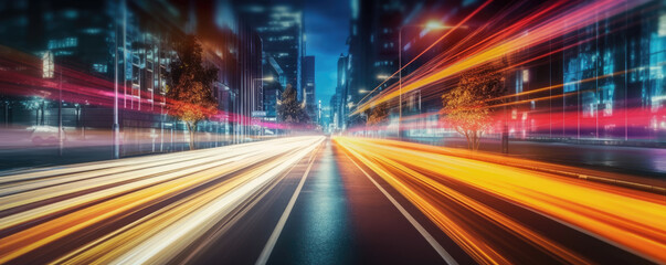 Fototapeta na wymiar Long exposure of car lights at night on city streets. Panoramic view. Generative AI