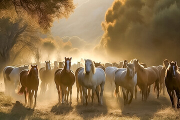 Herd of horses running free. Generative AI.