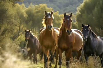 Herd of horses running free. Generative AI.