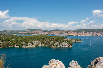 Panoramic view of Šibenik from the St. Anthony Channel in the state of Šibenik-Knin Croatia