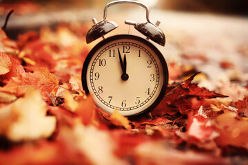 Black alarm clock on colorful maple leaves background. Closeup. Time change concept. - obrazy, fototapety, plakaty