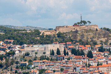 Old town Šibenik with St. John's Fortress (Tanaja) and St. Michael's Fortress (Tvrđava sv. Mihovila)  in the state of Šibenik-Knin Croatia