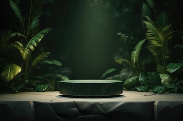 Fototapeta premium Round Stone Podium Stage For Product With Nature Garden Background Generated AI