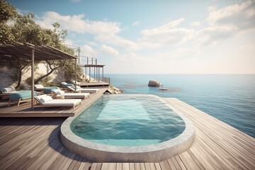Obraz premium Generative AI. Luxury minimalist house with swimming pool and beautiful sea view. Luxury summer holidays. infinity pool admiring scenic view of ocean
