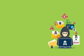 Hacker activity concept background. Flat vector concept  illustration of hacker activity.